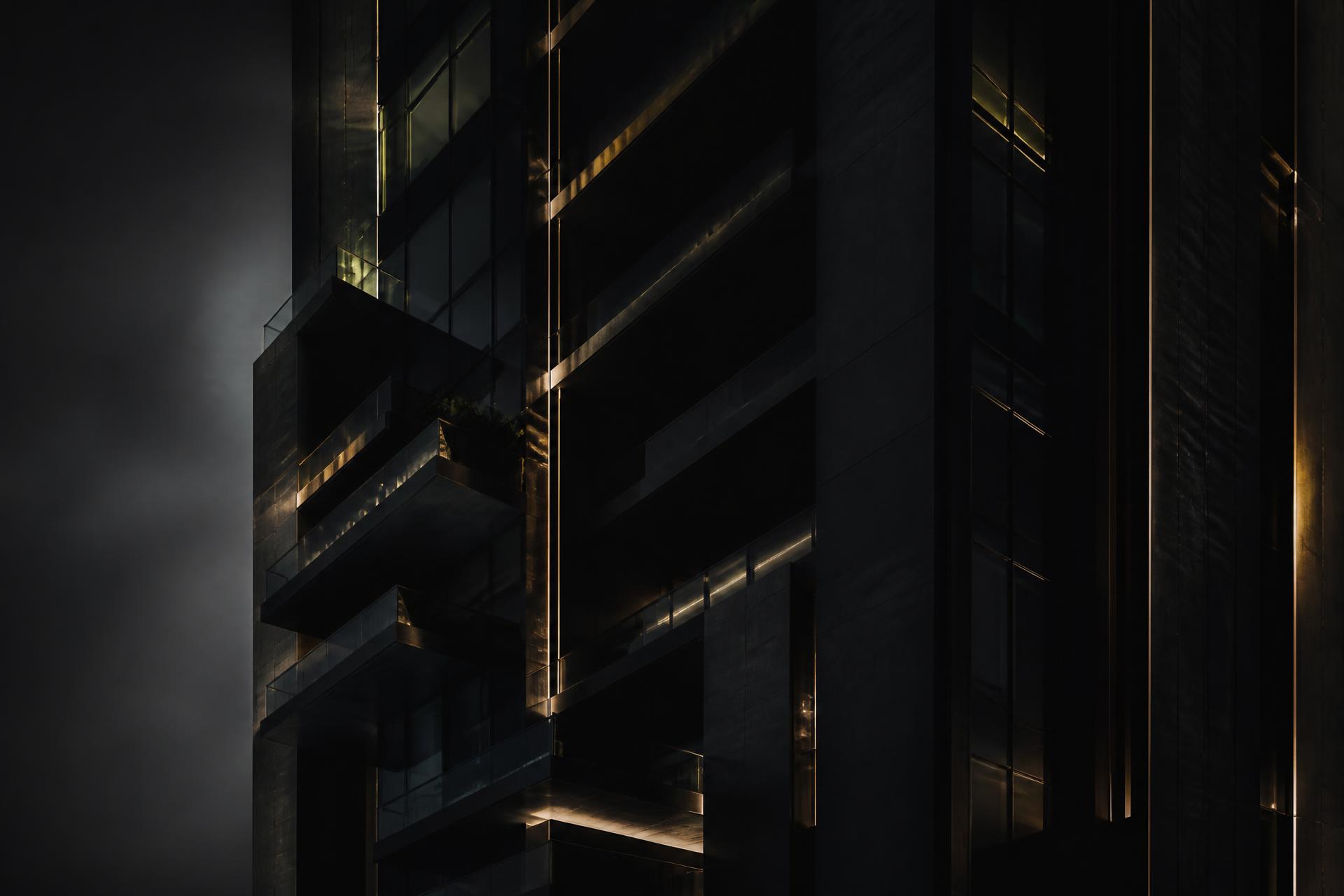Fachada de edifício contemporâneo em vidro e concreto sob luz de fim de tarde