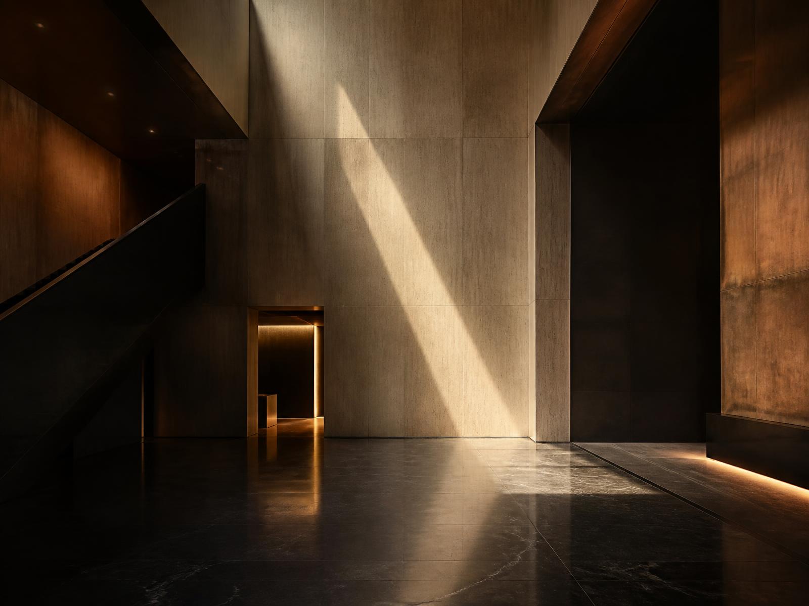 Hall corporativo minimalista com pé-direito alto e luz natural