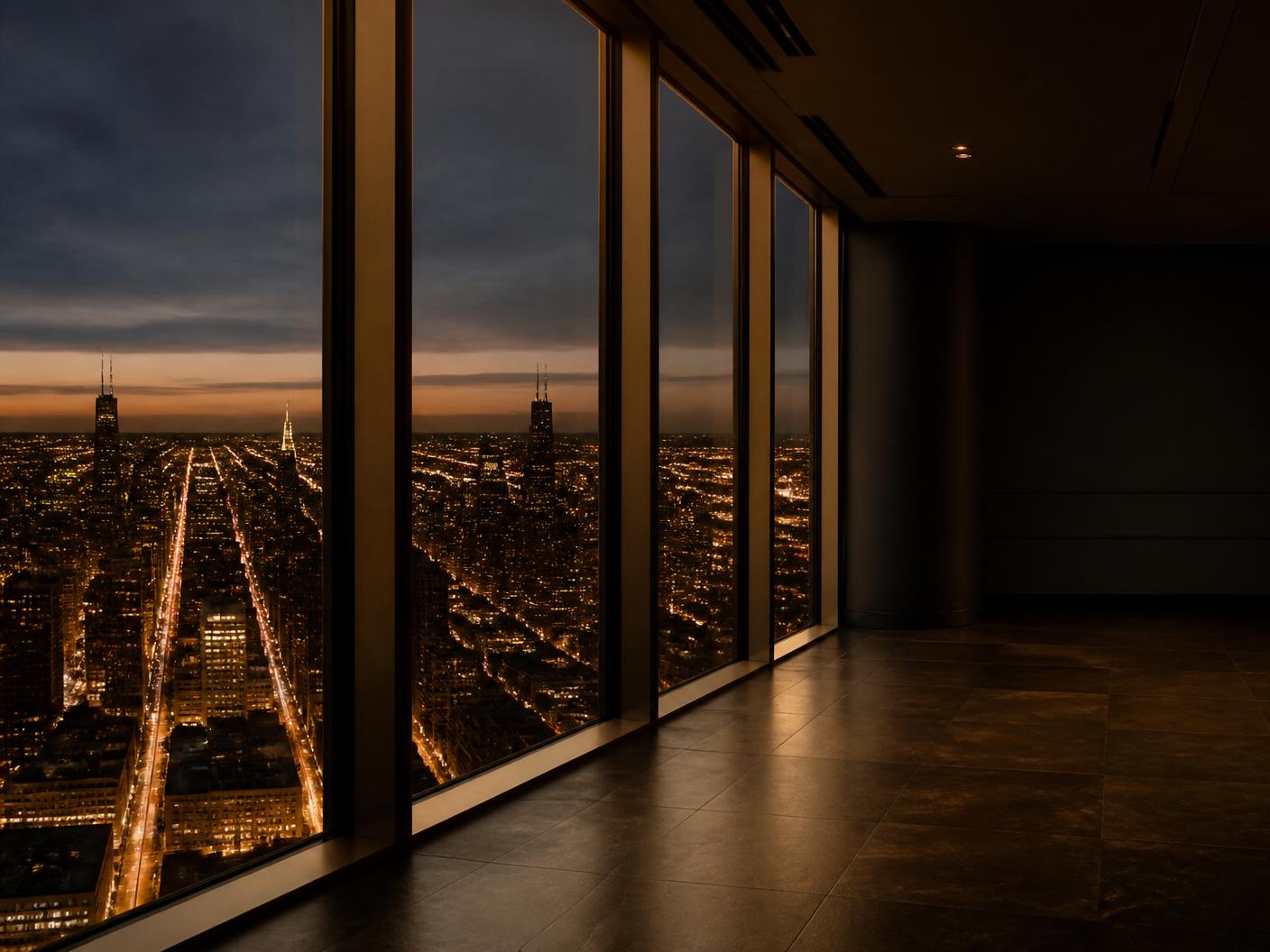 Vista da malha urbana ao entardecer a partir de um andar alto